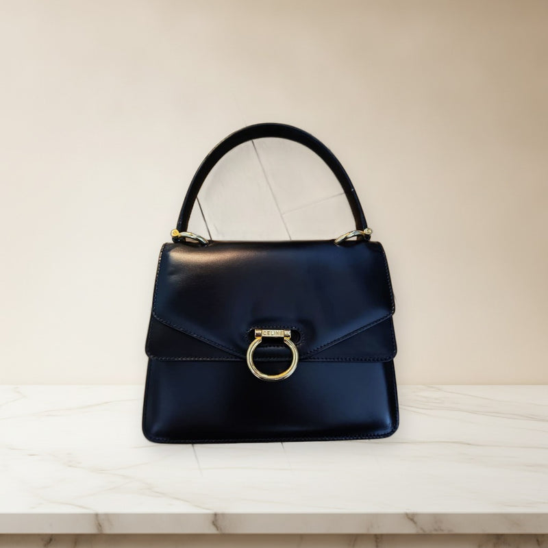 Celine Gancini Handbag Top Handle Shoulder Bag Leather Black Ring Hardware