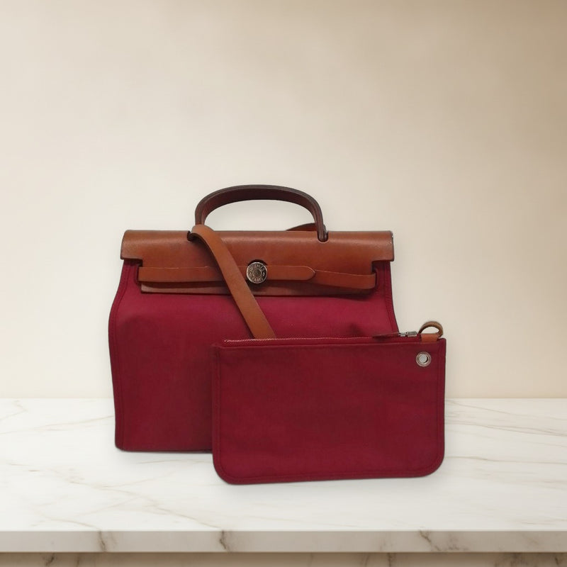 Hermes Herbag Zip Pm Handbag Shoulder Bag Bordeaux Brown Toile Leather Silver