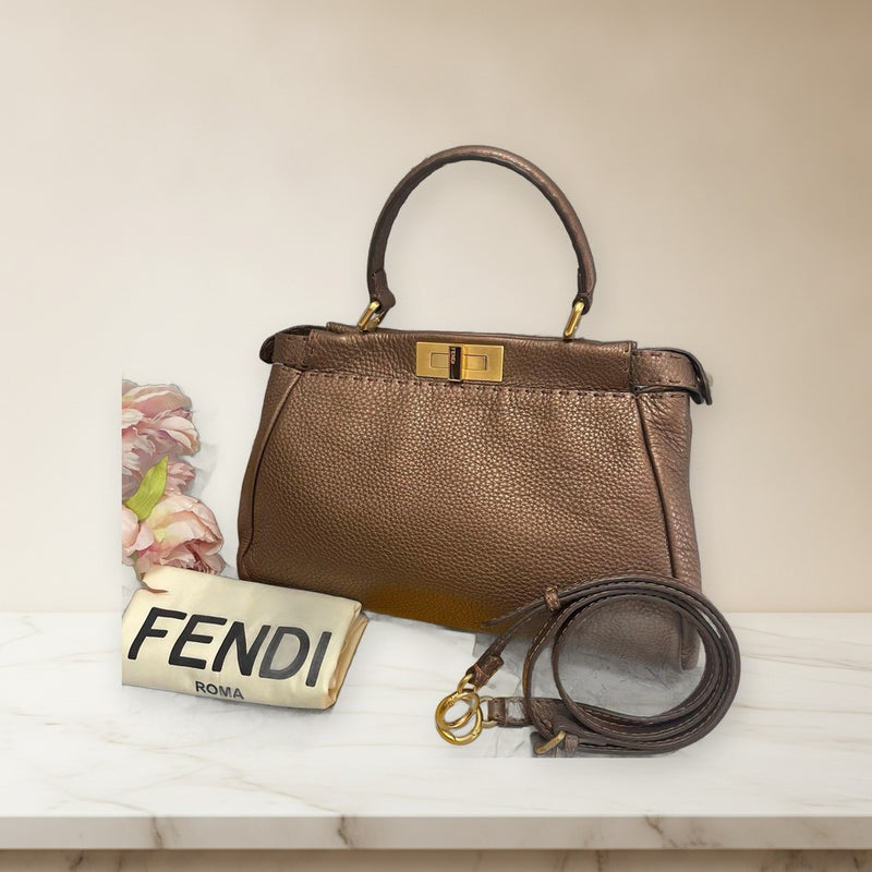 Fendi Peekaboo Regular Selleria Handbag Roman Leather Bronze Gold