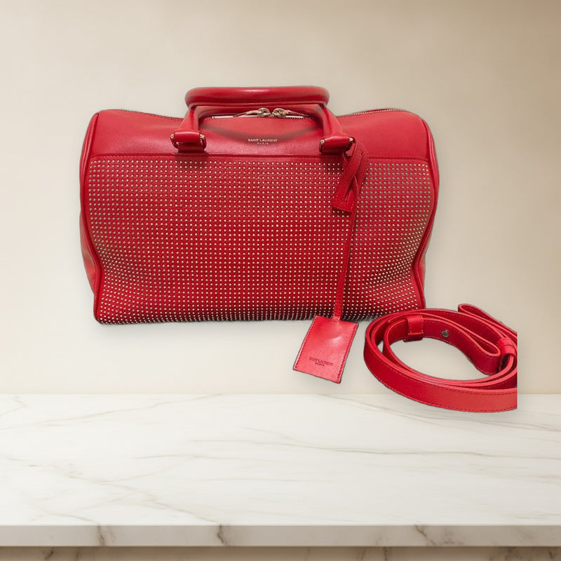 Saint Laurent Duffle Studded Shoulder Bag Red Leather