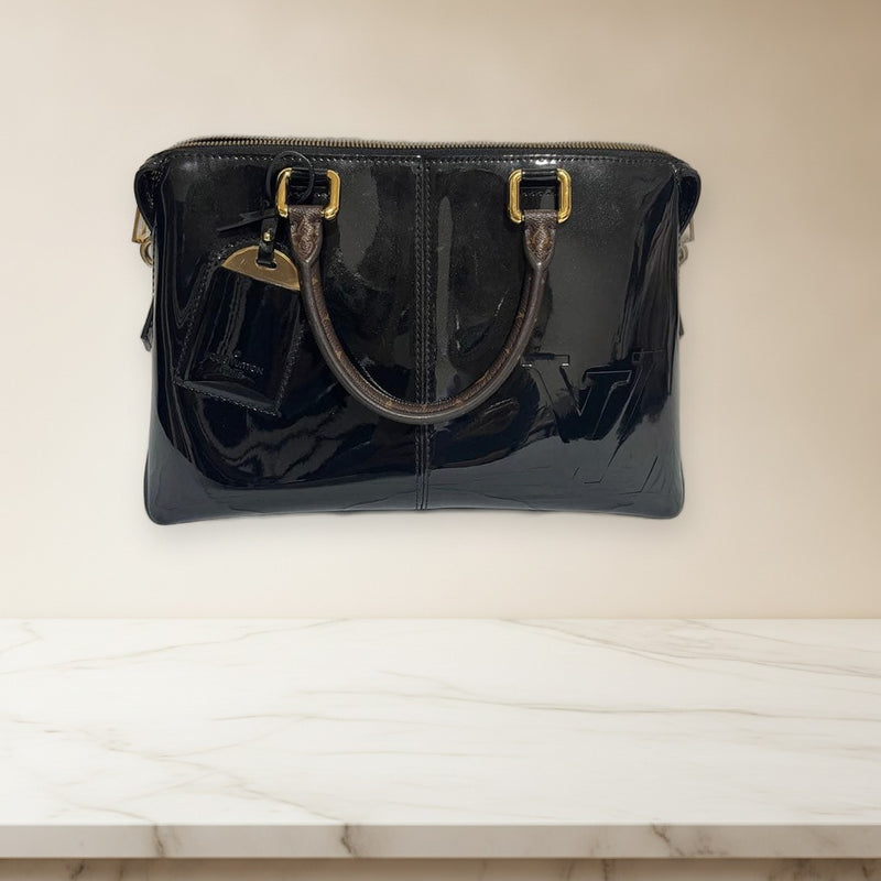 Louis Vuitton Handbag Black Patent Leather Gold Hardware Double Handles