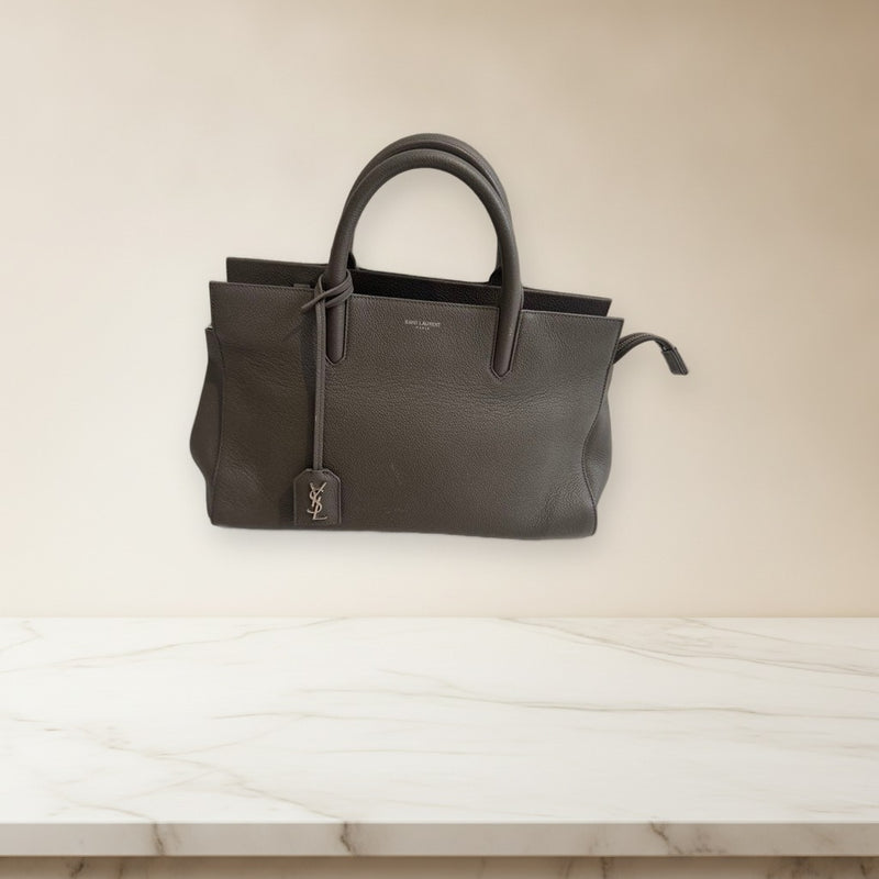 Ysl 2-Way Handbag Shoulder Bag Gray Leather