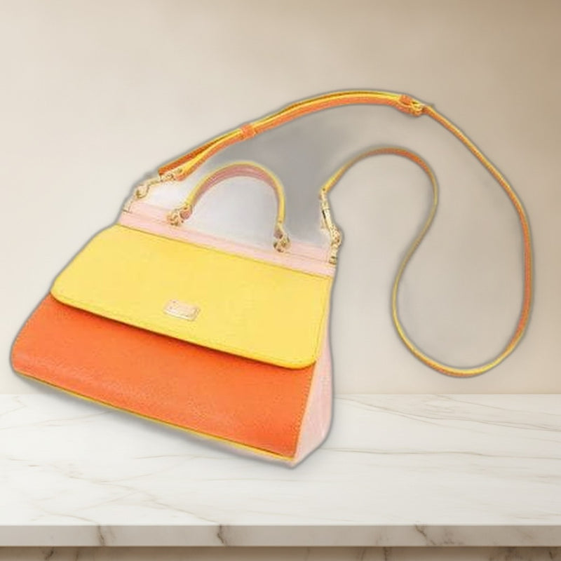 Dolce Gabbana Sicily Handbag Shoulder Bag Leather Yellow Orange Baby Pink