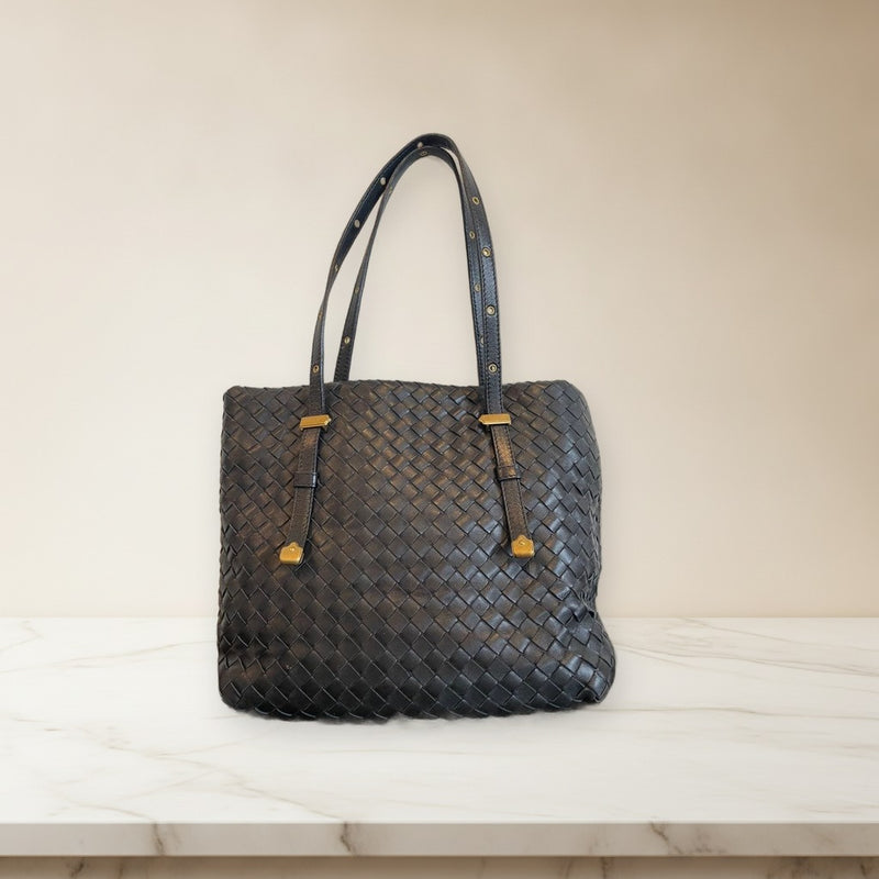 Bottega Veneta Intrecciato Handbag Tote Bag Leather Black Gold Hardware