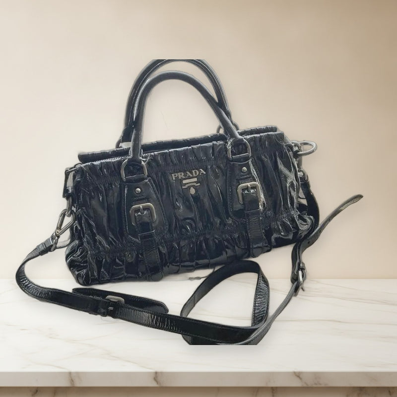 Prada Gathered Shoulder Bag Lambskin Patent Leather Black Nylon Silver Hardware