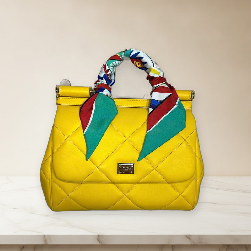 Dolcegabbana Sicily Handbag Quilted Leather Yellow Gold Hardware Scarf Set