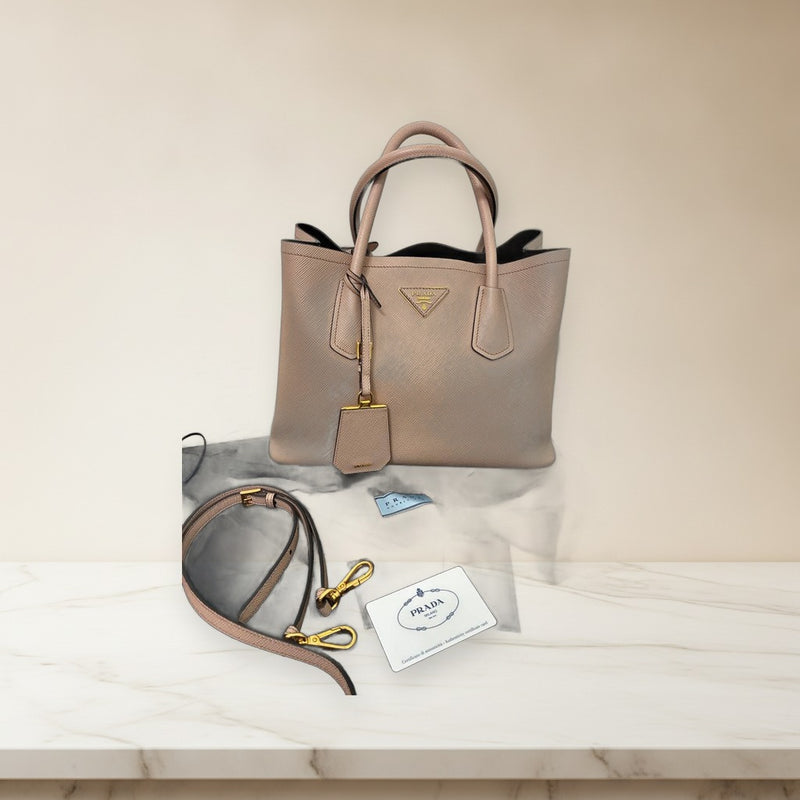 Prada Double Saffiano Leather Handbag Pink Beige