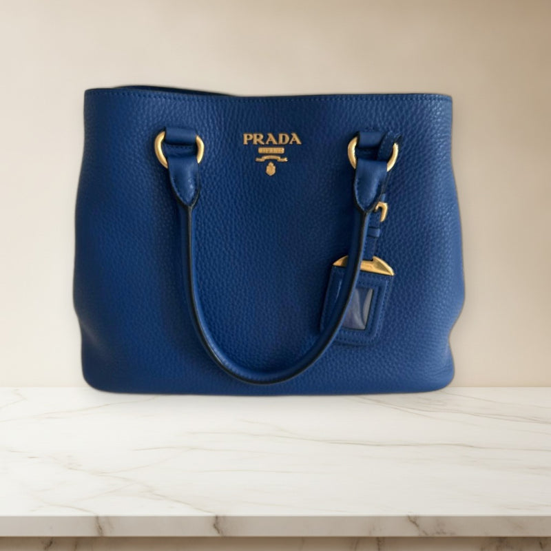 Prada Vitello Phenix 1BA058 Shoulder Bag Royal Blue Leather Tote