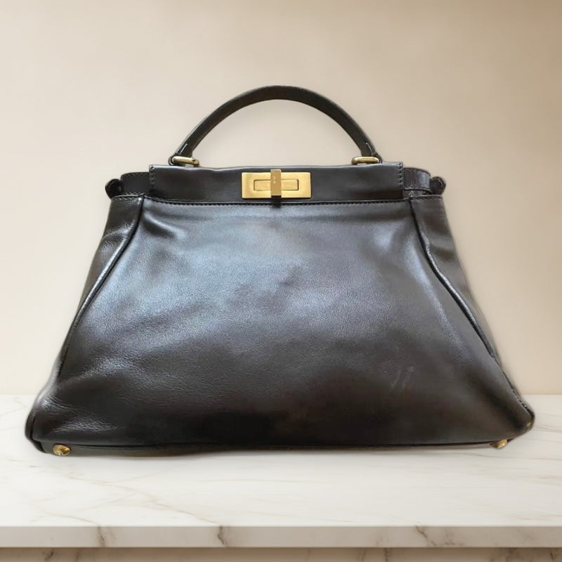 Fendi Peekaboo Medium Handbag Shoulder Bag Dark Brown Calf Leather