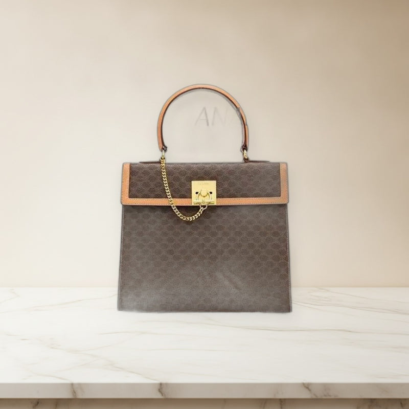 Celine Macadam Pattern Handbag Tote Brown Leather