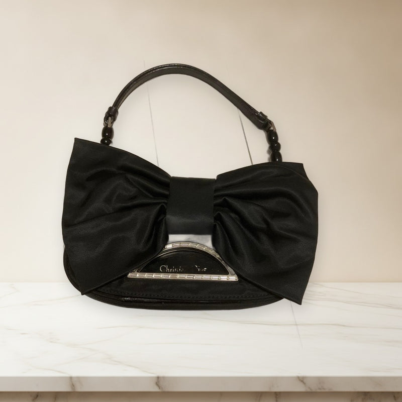 Christian Dior Ribbon Handbag Satin Black