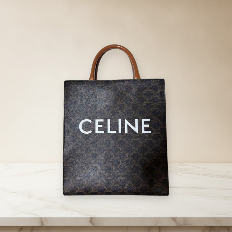 Celine Small Vertical Cabas Tote Handbag Triomphe Canvas Calfskin Black