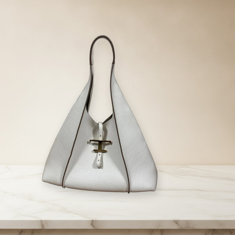 Tods T Timeless Hobo Bag Leather White Gold Hardware Shoulder Handbag