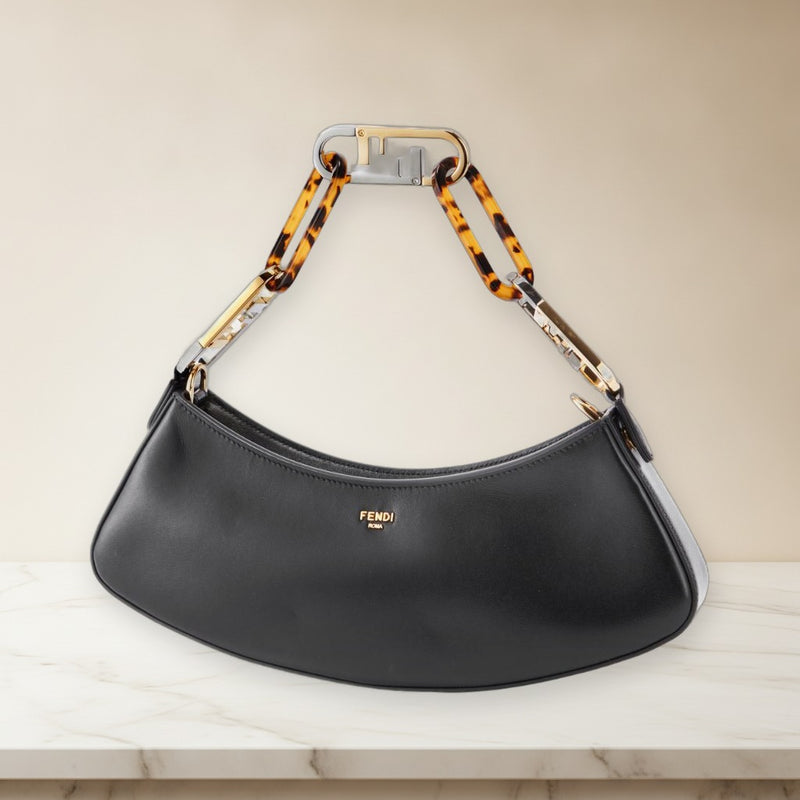 Fendi Olock Swing Hobo Shoulder Bag Leather Black