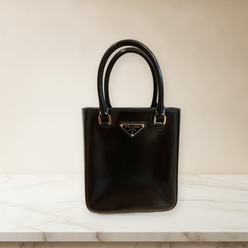 Prada Small Brushed Leather Shoulder Bag Black Silver Hardware
