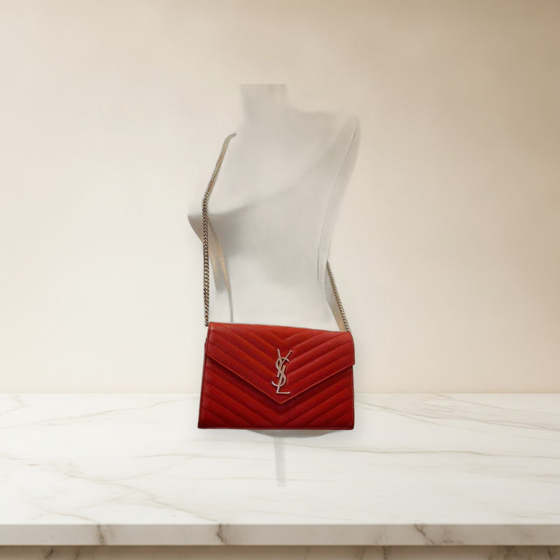Yves Saint Laurent Chain Wallet Crossbody Bag Leather Red Silver Hardware