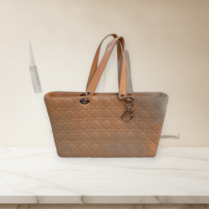 Christian Dior Lady Dior Cannage Handbag Shoulder Bag Leather Beige
