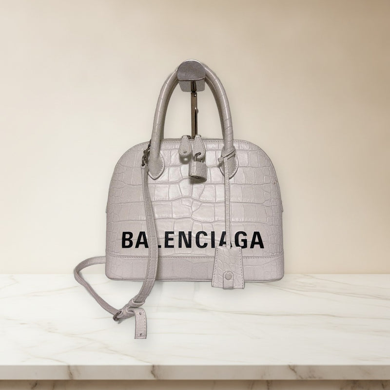 Balenciaga Ville Top Handle Croc Embossed Leather Shoulder Bag White
