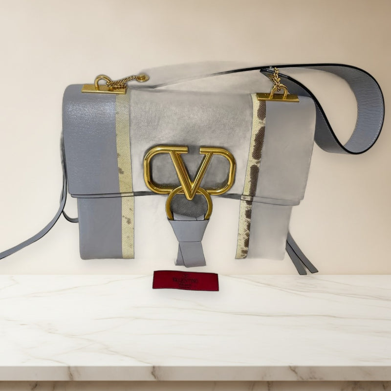 Valentino V-logo Shoulder Bag Blue-gray Leather Snakeskin Gold Hardware