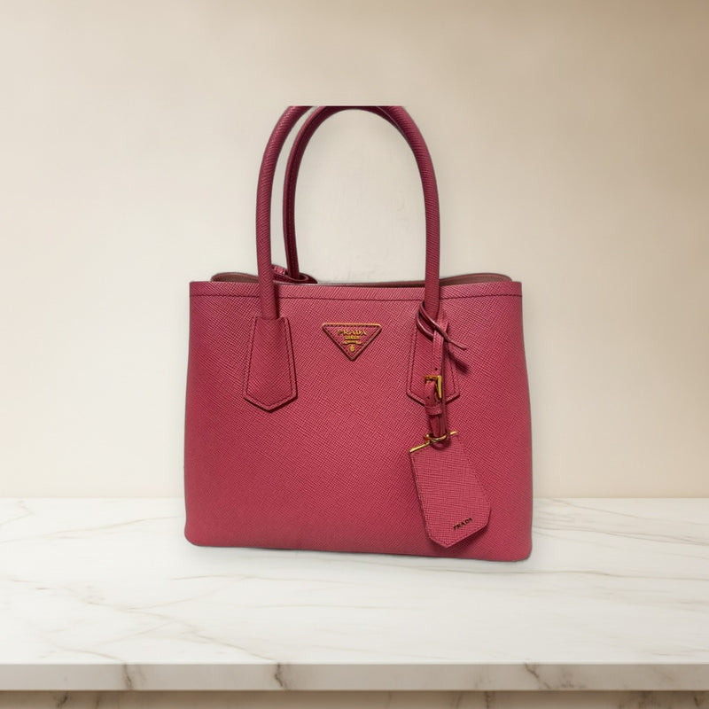 Prada Double Bag Saffiano Leather Pink Handbag Shoulder Bag Gold Hardware