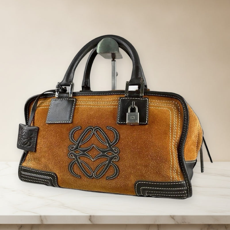Loewe Amazona 28 Handbag Suede Leather Anagram Brown Charm Padlock