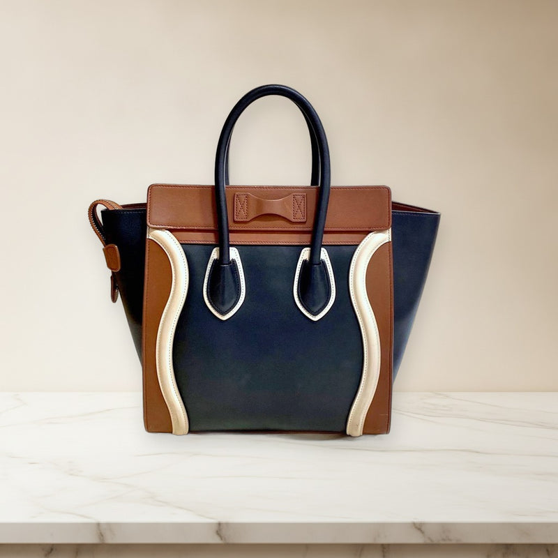 Celine Micro Luggage Shopper Handbag Tricolor Leather Brown Black Beige