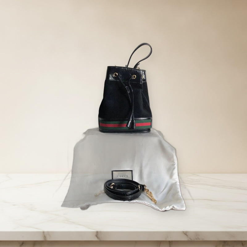 Gucci Ophidia Small Bucket Bag 550621 Suede Patent Leather Black