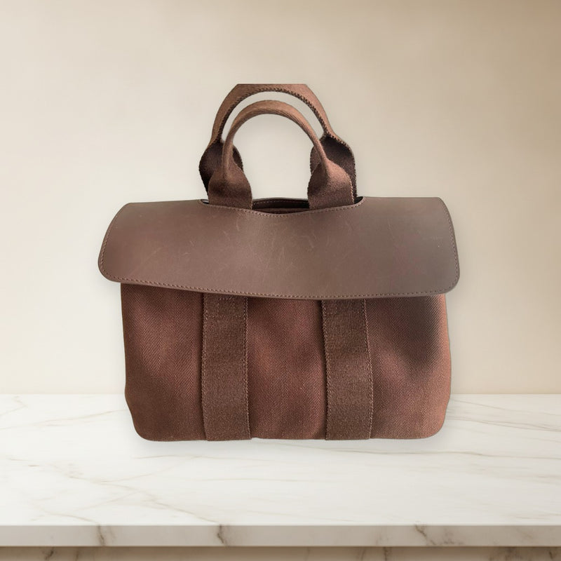 Hermes Valparaiso Pm Handbag Toile Chevrons Calf Leather Havane Brown