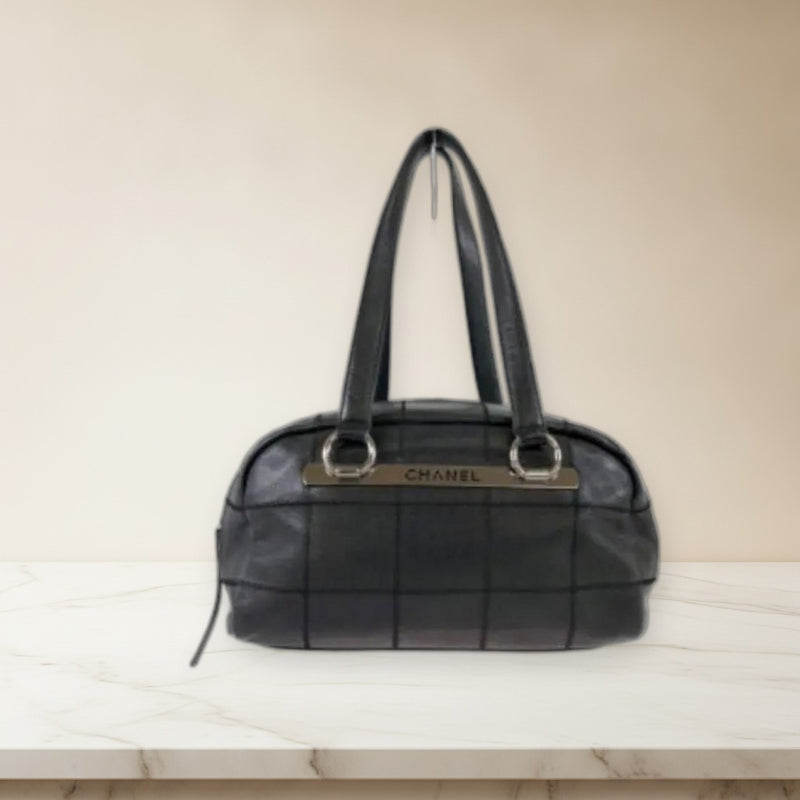 Chanel Chocobar A26135 Mini Boston Handbag Caviar Skin Black Silver Hardware