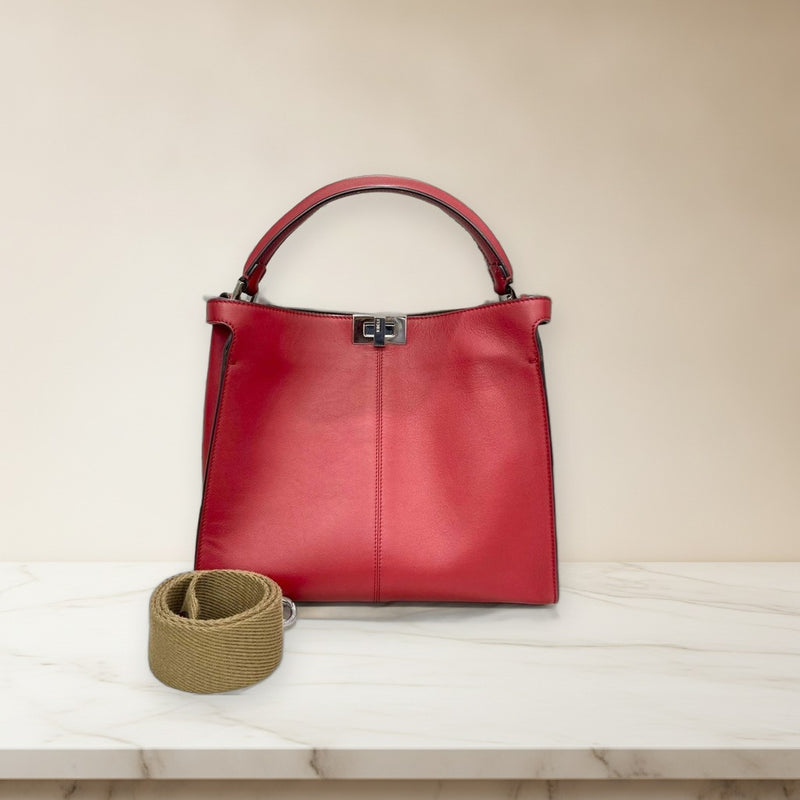 Fendi Peekaboo X-lite Zucca 8BN310 Handbag Leather Silver Hardware Red
