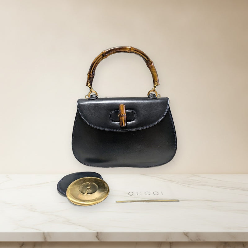 Gucci Old Bamboo 00020460188 Top Handle Handbag Leather Black