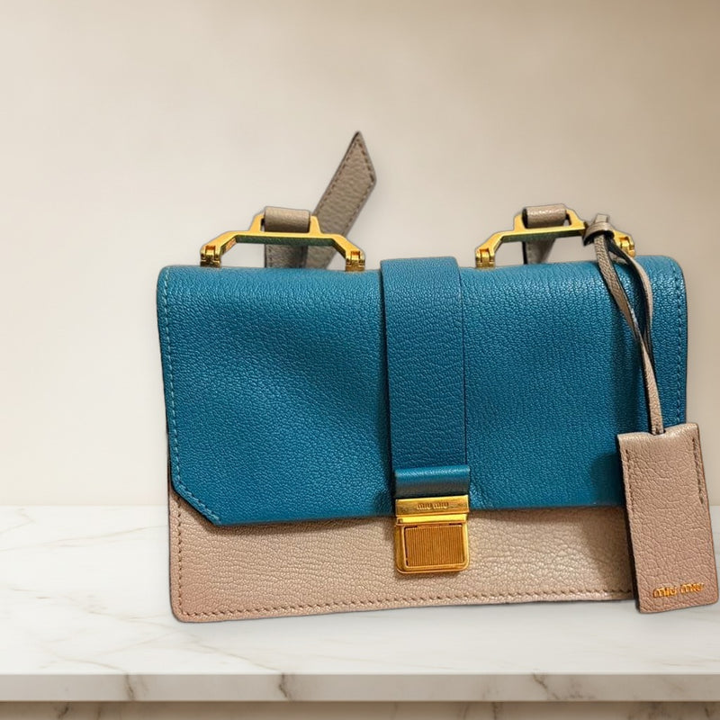 Miu Miu Madras Bicolor Handbag Leather Blue Gray Gold Hardware