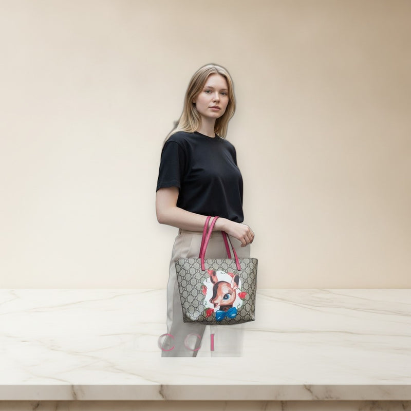 Gucci Deer Illustration Tote Bag Canvas Beige Pink Mini