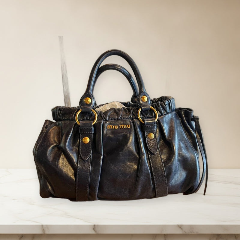 Miu Miu Vitello Lux Matelasse 2-Way Handbag Leather Blue Gold Hardware
