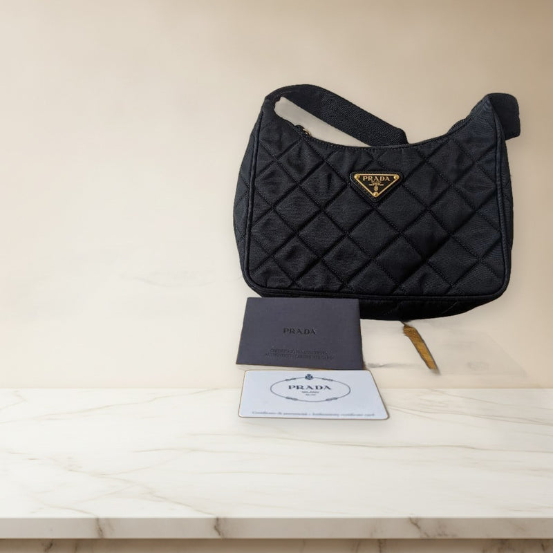 Prada One Shoulder Bag Black Recycled Polyamide Handbag Gold Hardware