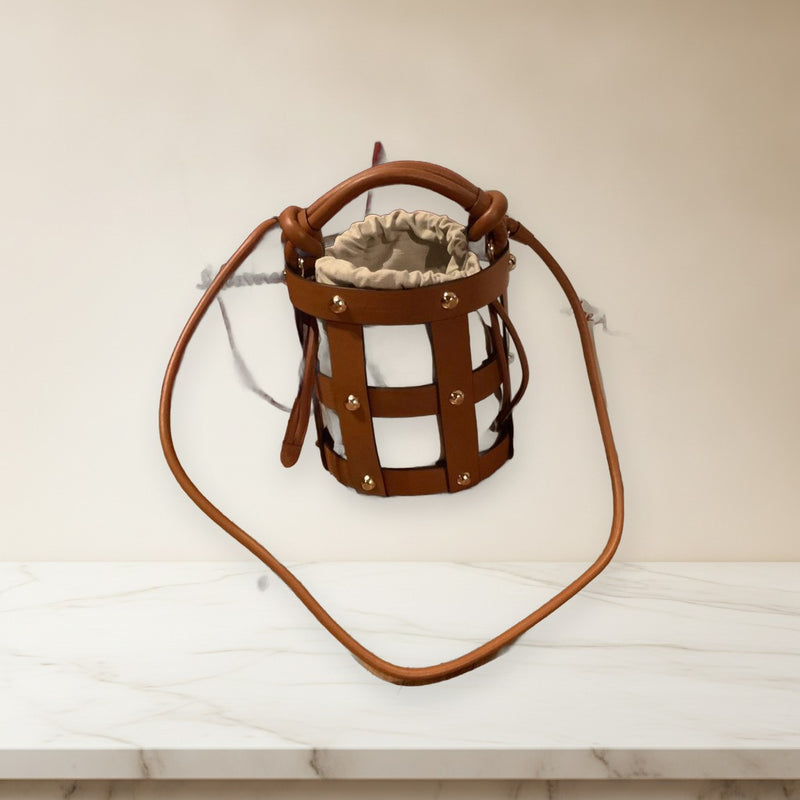 Salvatore Ferragamo Cage Bag Leather Canvas Brown Beige Handbag