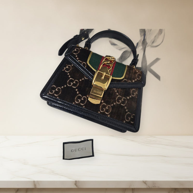 Gucci Velvet Handbag Shoulder Bag Brown Green Gold Logo Pattern Leather Metal