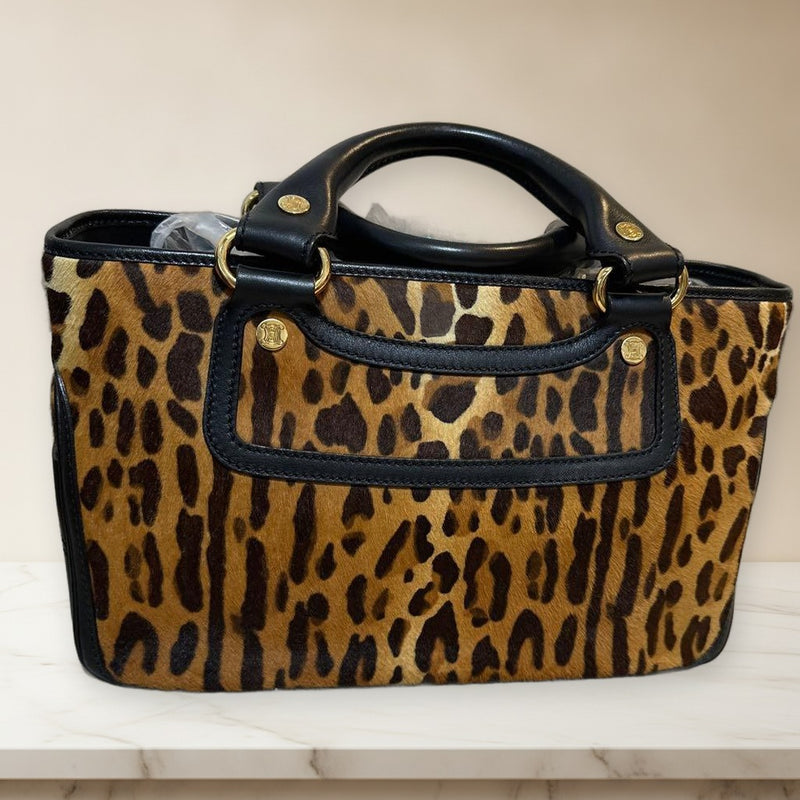Celine Boogie Tote Bag Calf Hair Leather Leopard Print Handbag