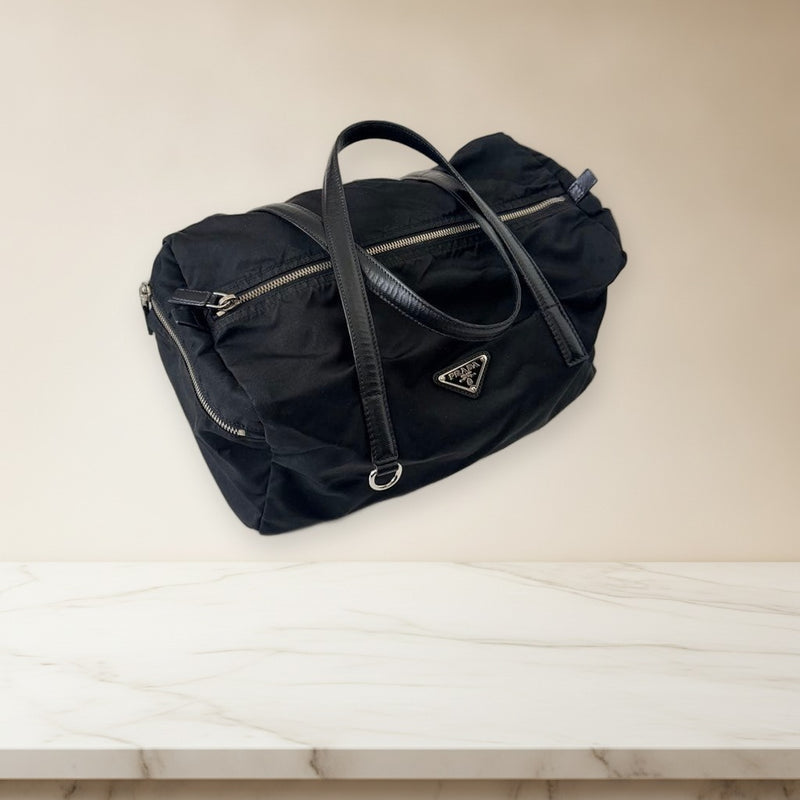 Prada Mini Boston Bag Nylon Saffiano Leather Handbag Black