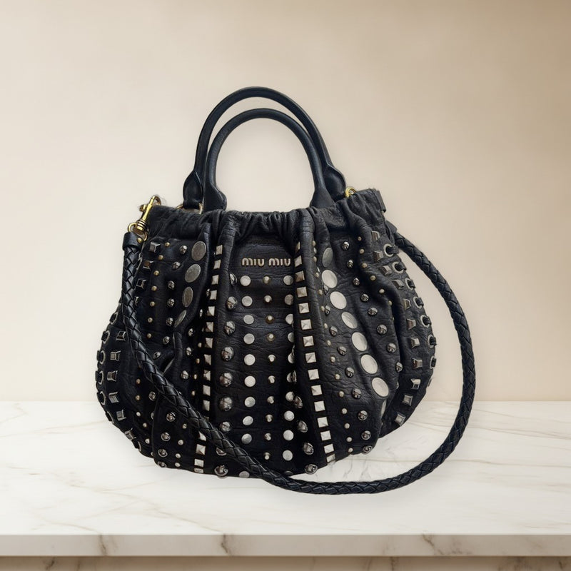 Miumiu Studded 2way Shoulder Bag Black Leather