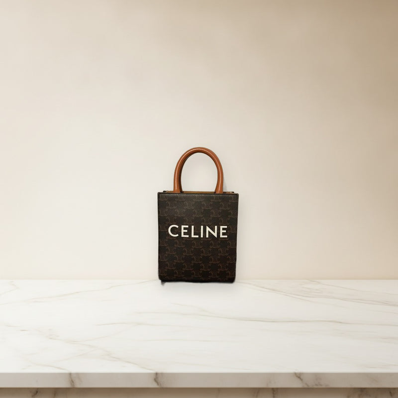 Celine Mini Vertical Cabas Triomphe Canvas Tote Handbag Calfskin Trim