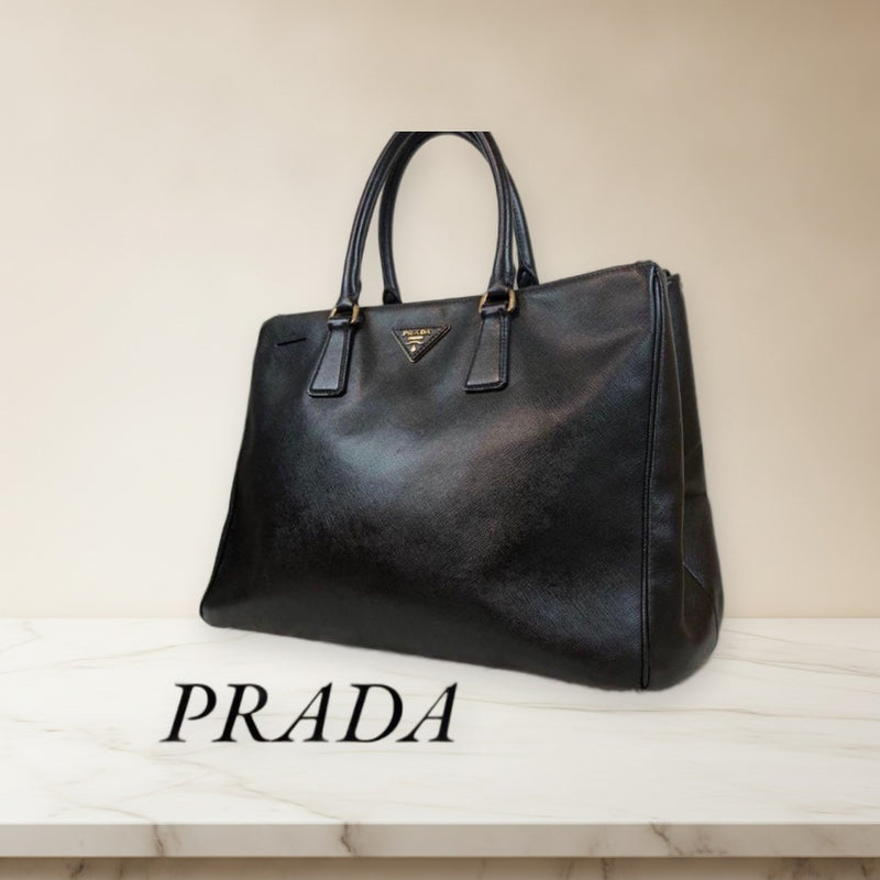 Prada Saffiano Galleria Handbag Tote Shoulder Bag Black Leather