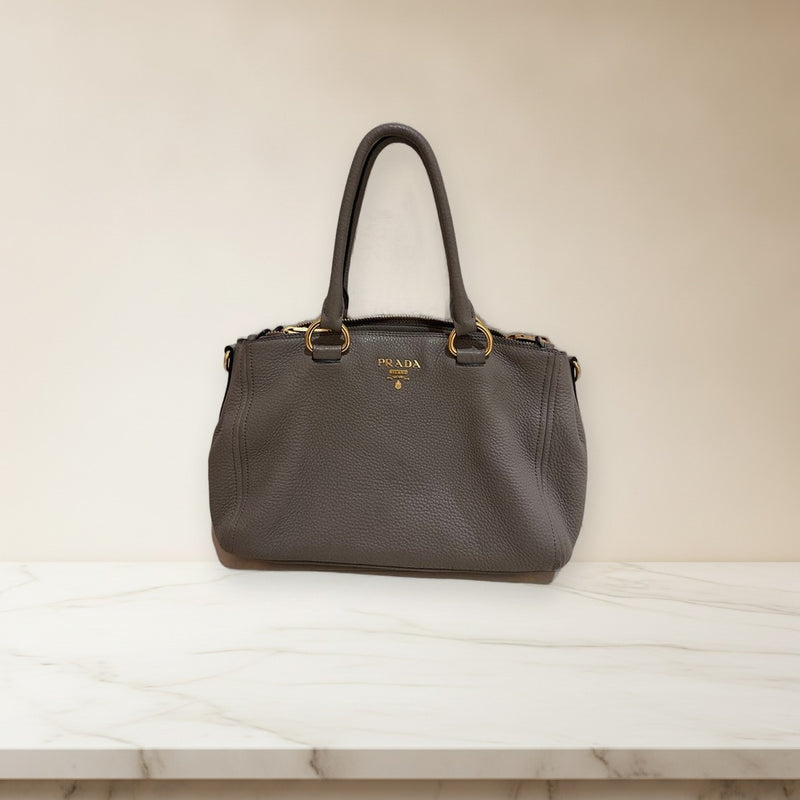 Prada Greige Leather Handbag Shoulder Bag Gold Hardware
