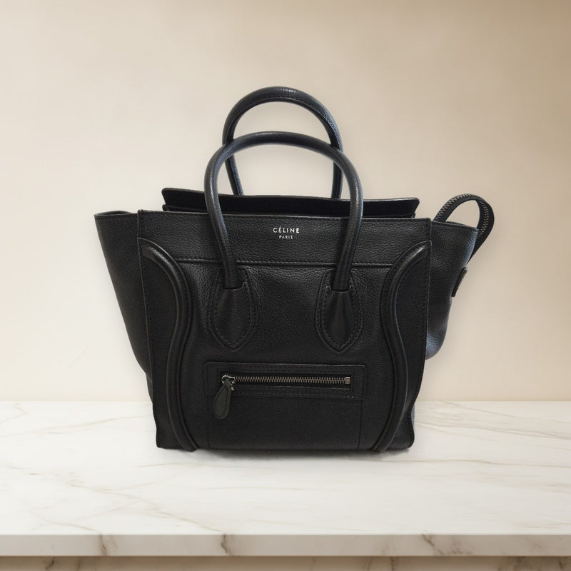 Celine Luggage Micro Shopper Handbag Drummed Calfskin Black Gold Silver Hardware