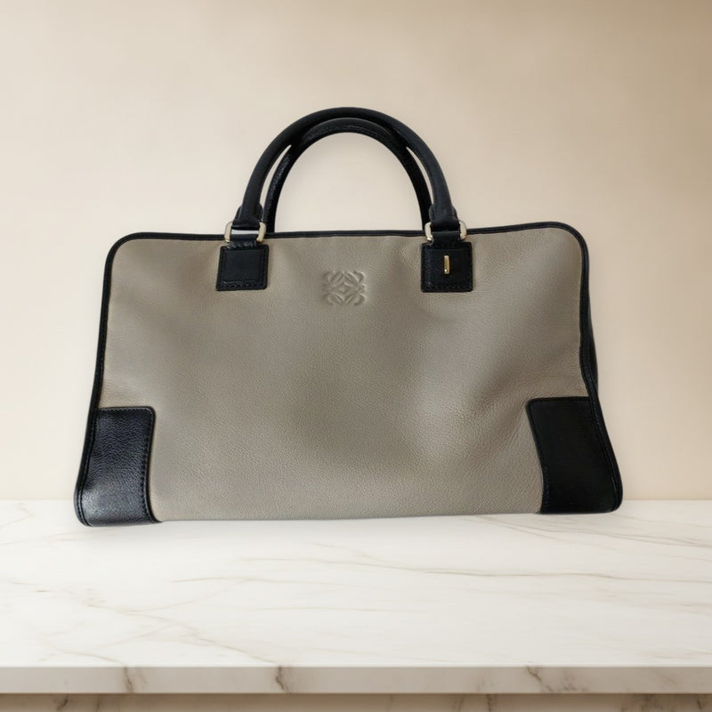 Loewe Amazona 36 Handbag Tote Bag Leather Beige Black Embossed Logo