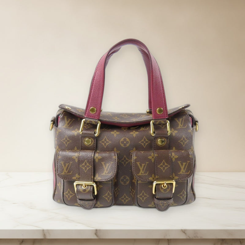 Louis Vuitton Monogram Manhattan Handbag Brown Red Leather With Front Pocket