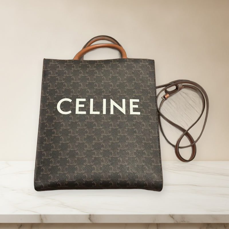 Celine Small Vertical Cabas Triomphe Canvas Tan Handbag Calfskin Gold Hardware
