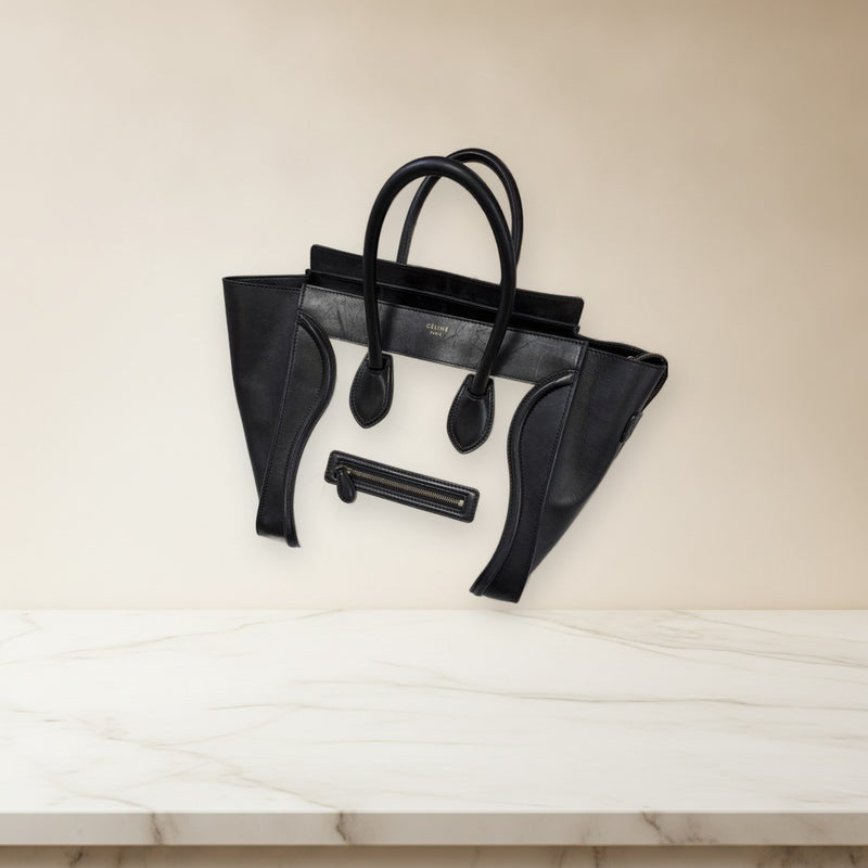 Celine Luggage Micro Handbag Tote Bag Leather Bicolor Black White
