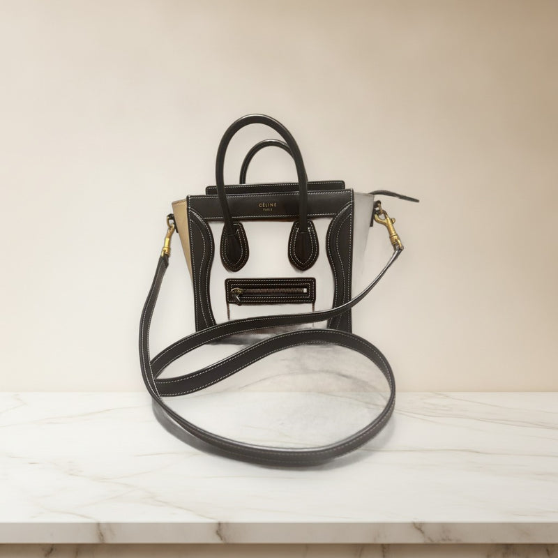 Celine Luggage Nano Handbag Brown Black White With Shoulder Strap