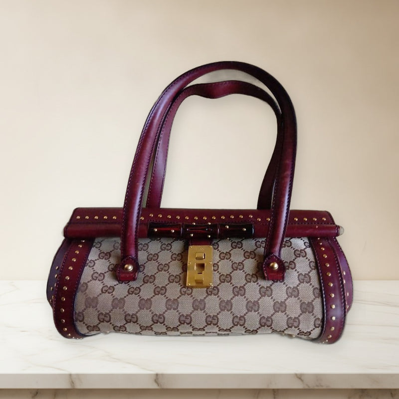 Gucci Studded Handbag Canvas Leather Beige Burgundy Gold Hardware